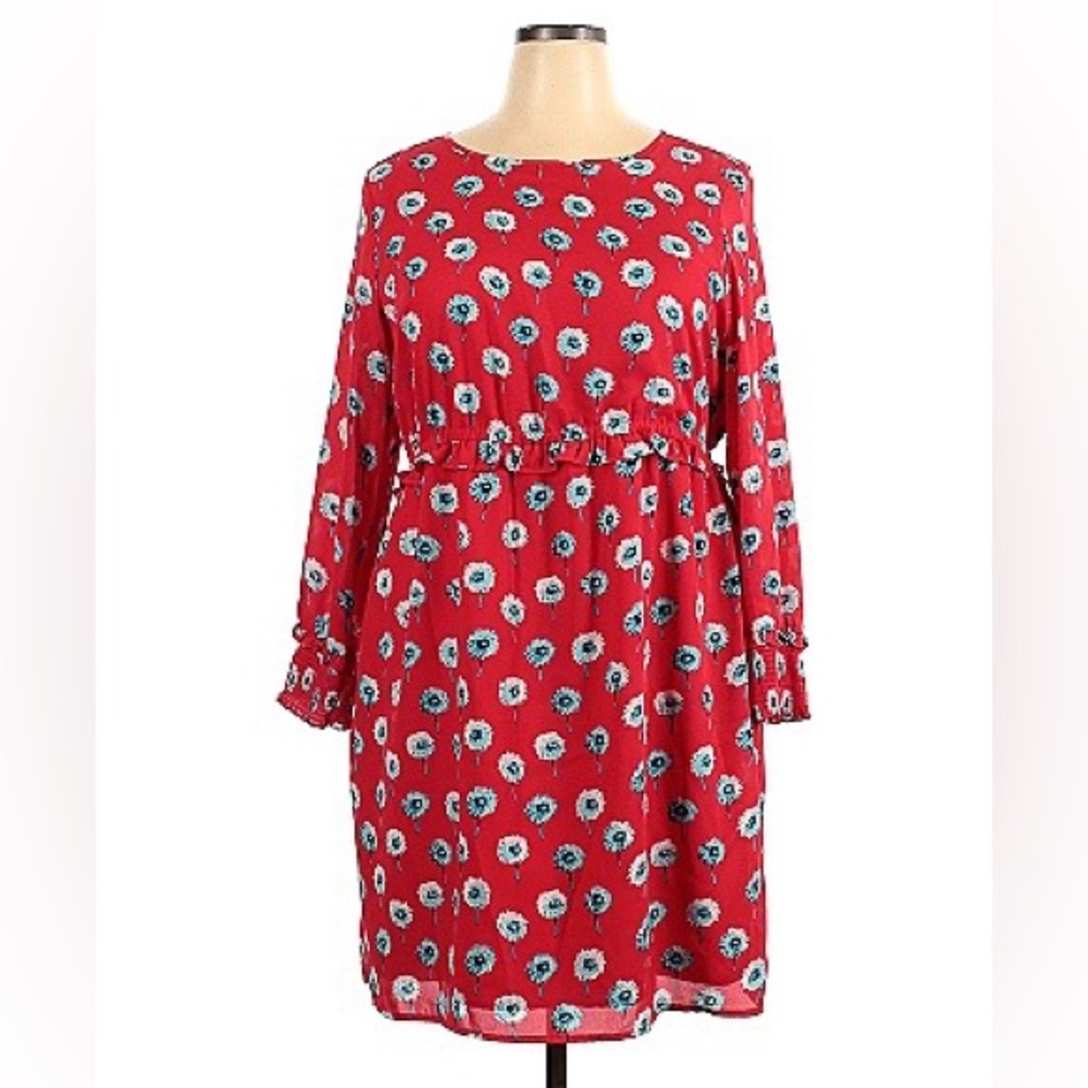 J. Crew Factory 3/4 Sleeve Red Floral Dress with ruffle waist details, US 20